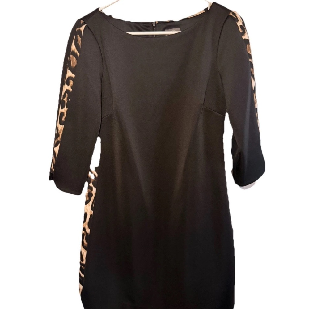 Women’s Vince Camuto Quarter Sleeve Black Dress Lined w/ Leopard Trim Size 8 EUC